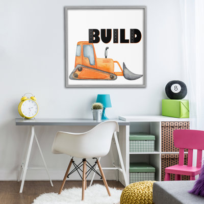 Build with Orange Bulldozer Framed Giclee, design by Kim Allen