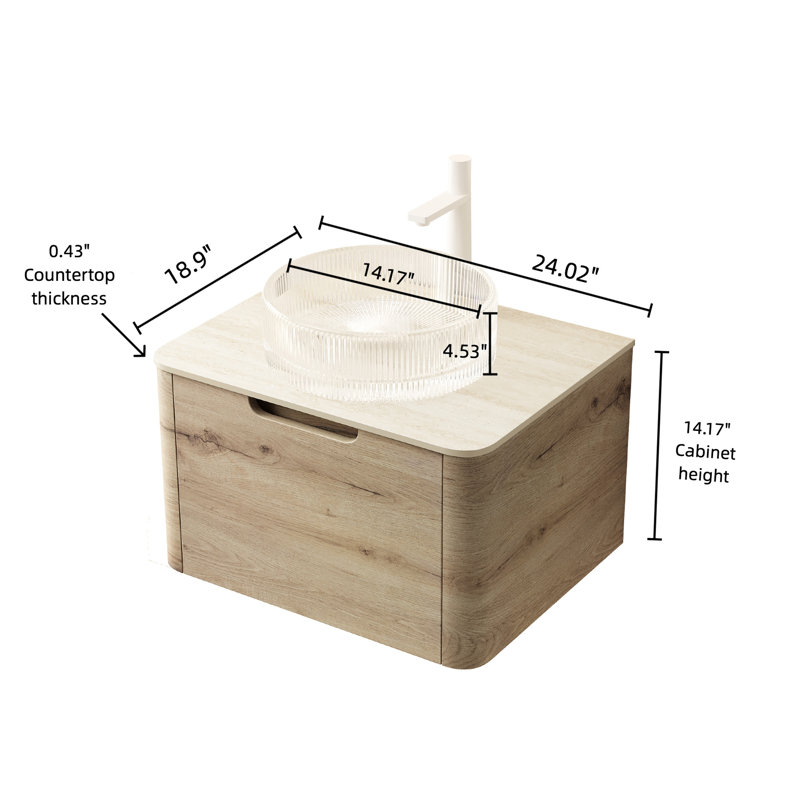 Meuble-lavabo de 24 po avec lavabo transparent en cristal, armoire à tiroirs en contreplaqué, plateau en pierre, tiroir à fermeture en douceur, cuve ronde en chêne blanc - motif pierre frittée, système, pré-assemblé, finition