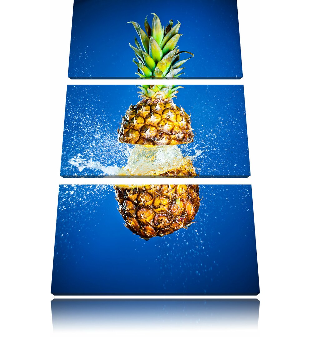 3-tlg. Leinwandbild-Set „Ananas mit Wasser bespritzt“, Grafikdruck