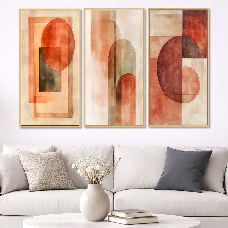 Terracotta Balance I - orange abstrait, art mural 3 pièces, Natural Wood Floater Framed, 32" H x 48" W