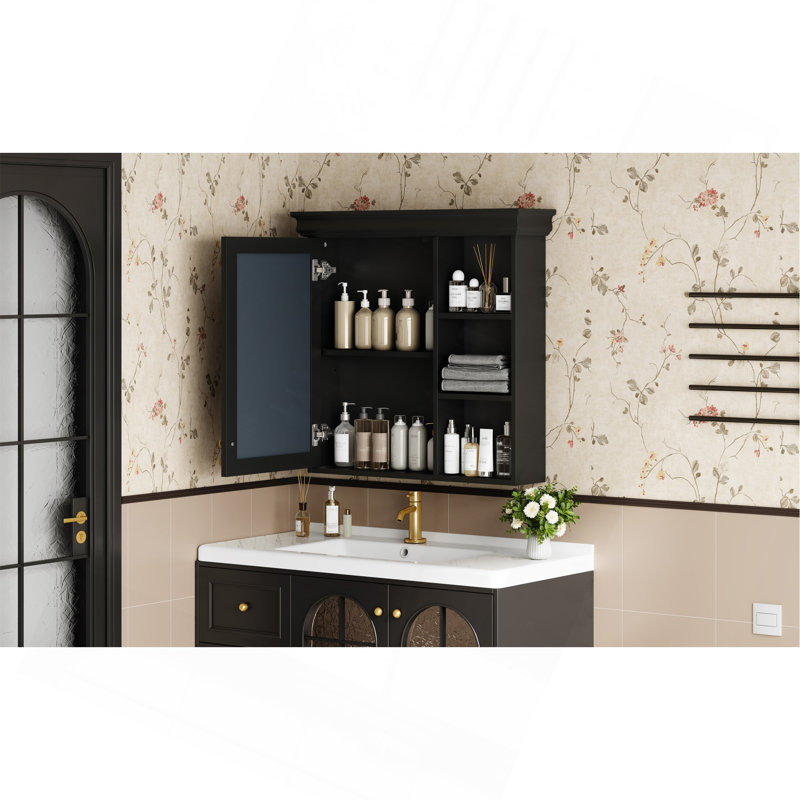 30'' x 28'' Bathroom Medicine Cabinet with Mirror, Wall Mounted Mirror Cabinet with Storage Organizer, Over the Toilet Storage Black Storage Cabinet for Bathroom