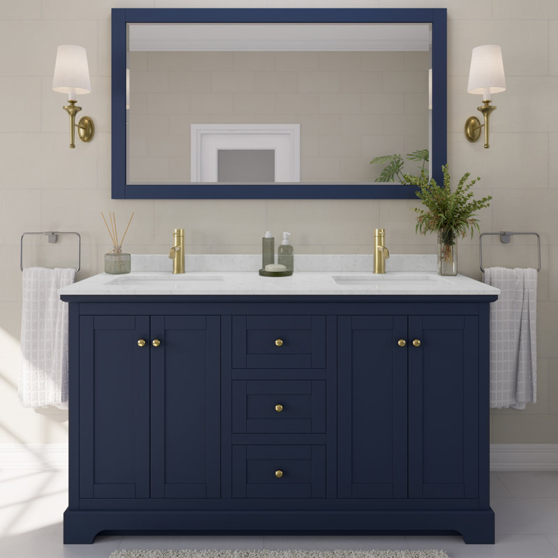 Avery 60'' Double Bathroom Vanity with Marble Top with Mirror, Carrara Cultured Marble, Dark Blue, Brushed Gold