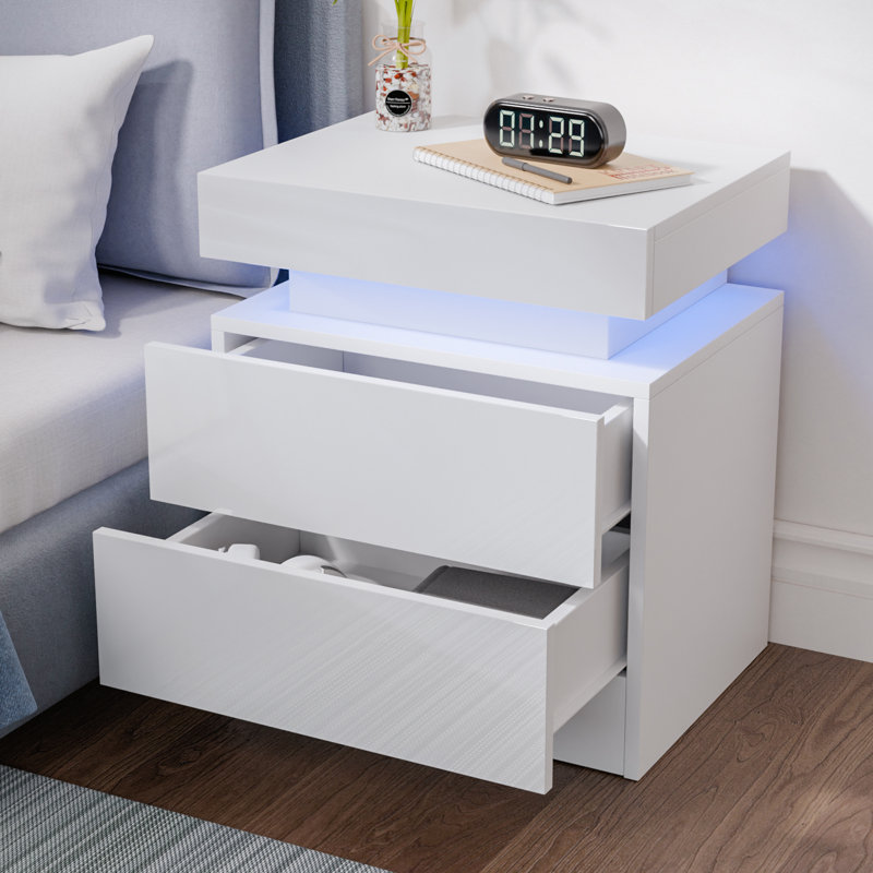 Table de chevet 2 tiroirs avec lumière DEL contrôlée par l'application et finition ultrabrillante, Blanc