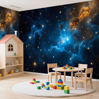 Wall Mural Peel and Stick Wallpaper Blue Starry Black Sky Modern Bright Stars Blue Nebula Clouds Dark Self-Adhesive Removable Contact Paper Wall Decor for Living Room Bedroom 100"H x 144"W