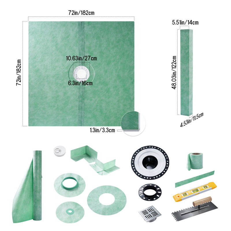 72" x 72" Shower Base & Curb Kit with Membrane, Seals, Corners, Bonding Flange, Trowel and Level – Center Drain, Green