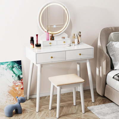 Meuble-lavabo de maquillage avec fauteuil, miroir lumineux à DEL tricolore et bureau en marbre