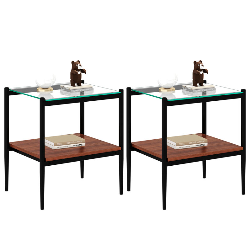 Set of 2 Rectangle End Table, Tempered Glass Tabletop with MDF layer, Glass, Black/Brown, Transparent