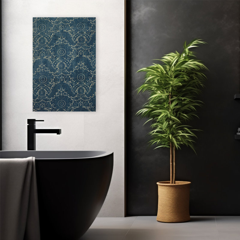 Textile rétro I - fleurs de damas, art indigo, H 24 po x l 16 po