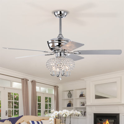 52 Inch Crystal Ceiling Fan With Lights Fandelier Chandelier Reversible Blades 3 Wind Speeds Remote Control For Bedroom Living Dining Room--Chrome
