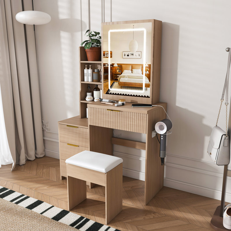 Modern Vanity Desk with LED Lighting, Power Outlet, and Storage, Walnut
