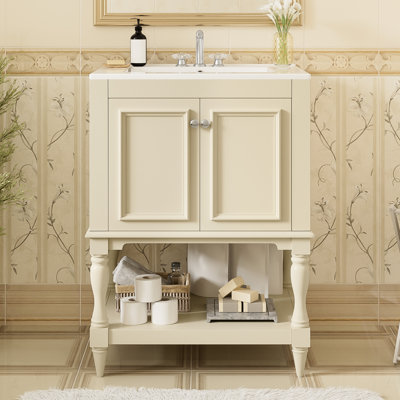 Meuble-lavabo de 24 pouces pour salle de bain luxueuse avec lavabo en céramique et rangement moderne double brillant