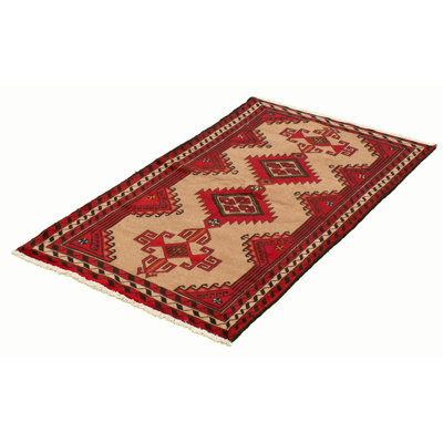 Tapis rouge / brun clair en laine noué à la main