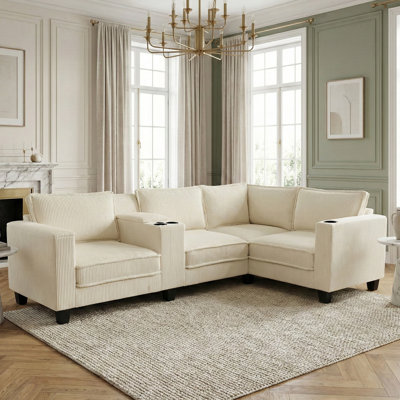 Reversible L-Shaped Corduroy Sectional Sofa with Storage Armrests, Center Console & USB Charging