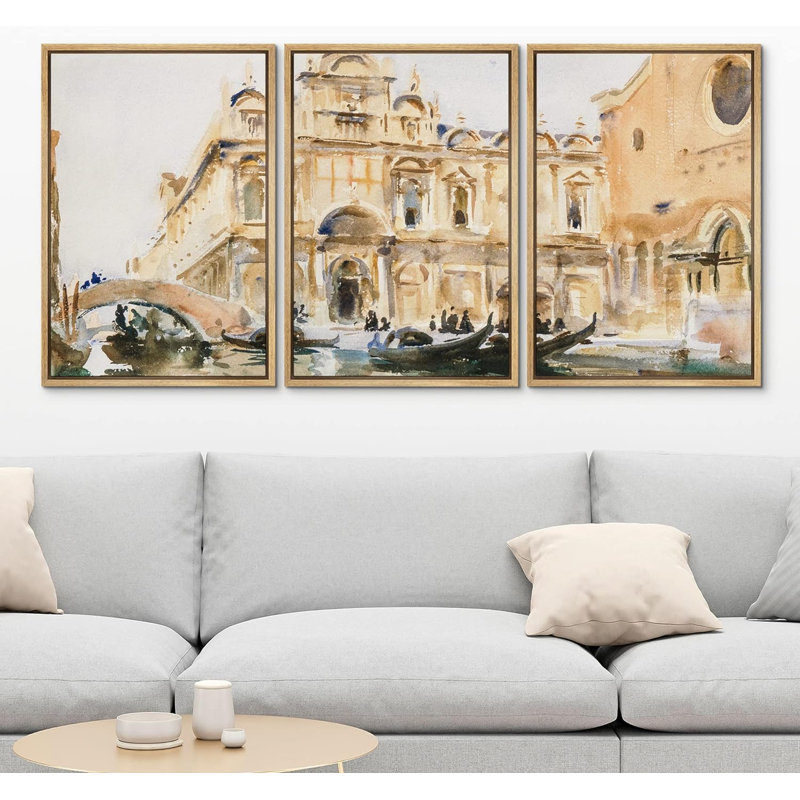 Gondole italienne, paysage urbain, rivière, 3 pièces, Naturel, H 36 po x l 24 po x P 1,5 po