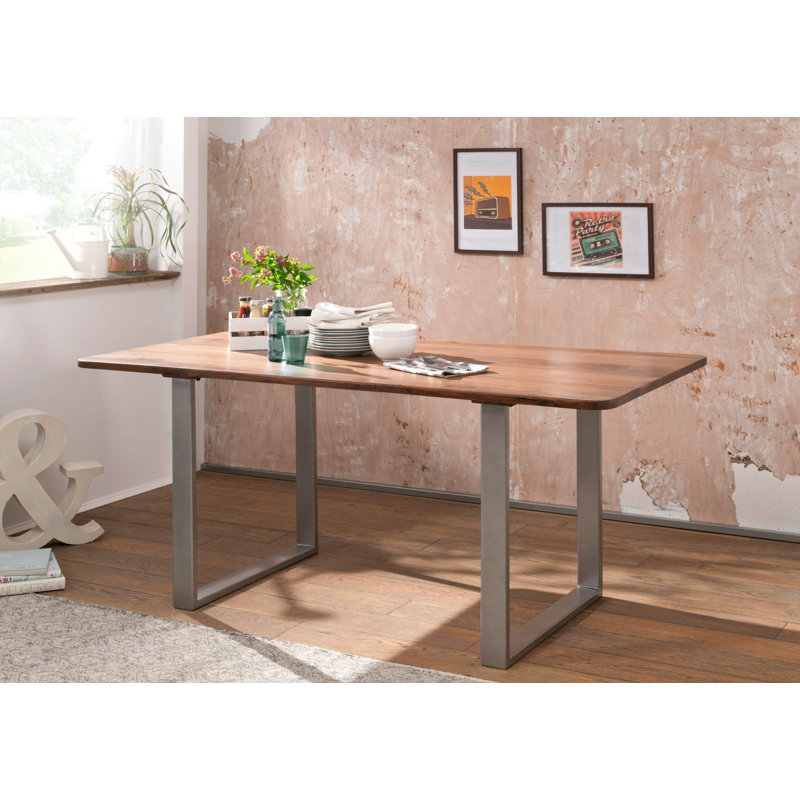 Sydney Solid Wood Top Metal Base Dining Table, Silver, Brown, 76cm H x 177cm L x 90cm W