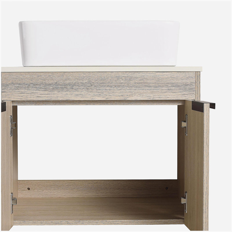 Ensemble de coiffeuse flottante 24 po avec vasque en céramique, coiffeuse murale en chêne blanc avec porte, Rectangulaire