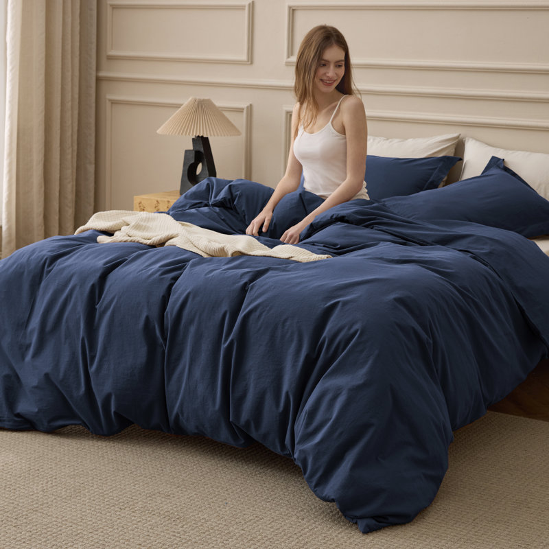Bedsure 100% Washed Cotton Duvet Cover Set - Minimalist Cotton Beding Set For All Season（Set of 3）, Charcoal Grey