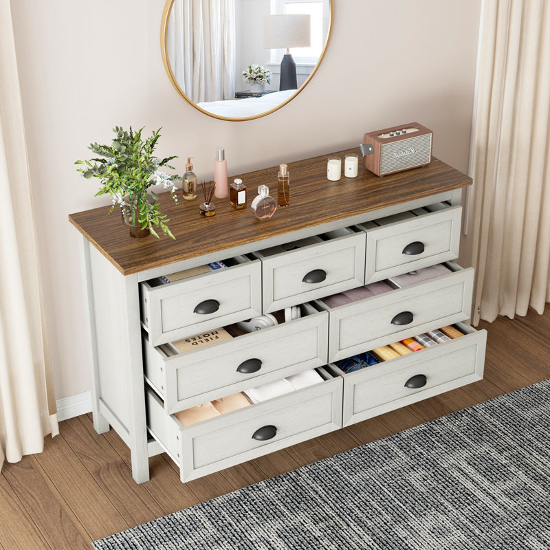 Commode à 7 tiroirs de 47 po avec poignées en coupelle en métal pour chambre à coucher, Crème