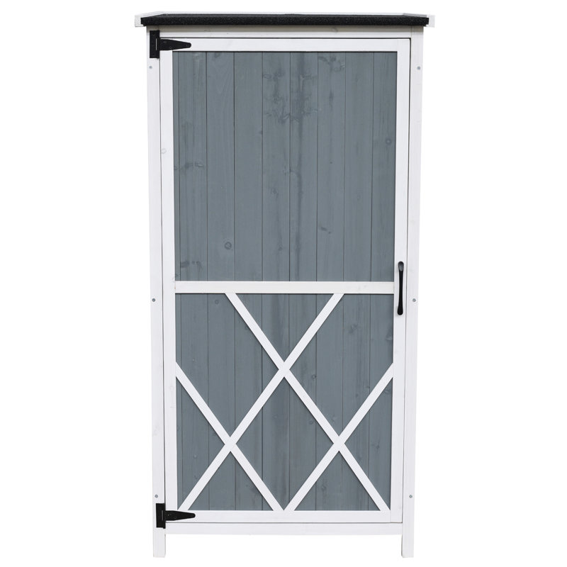 Remise de rangement de 54 pouces en gris et blanc à deux tons, accès par une porte sécurisée, organisation intérieure avec 5 compartiments pour les outils de grande taille de 54 po avec agencement de couleurs, drainage de l'eau sur le toit incliné et