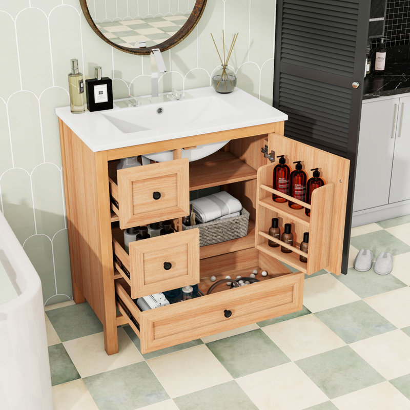 Meuble-lavabo en bois 30 po avec lavabo en céramique, tiroirs à fermeture en douceur, tablette réglable et conception à dossier ouvert
