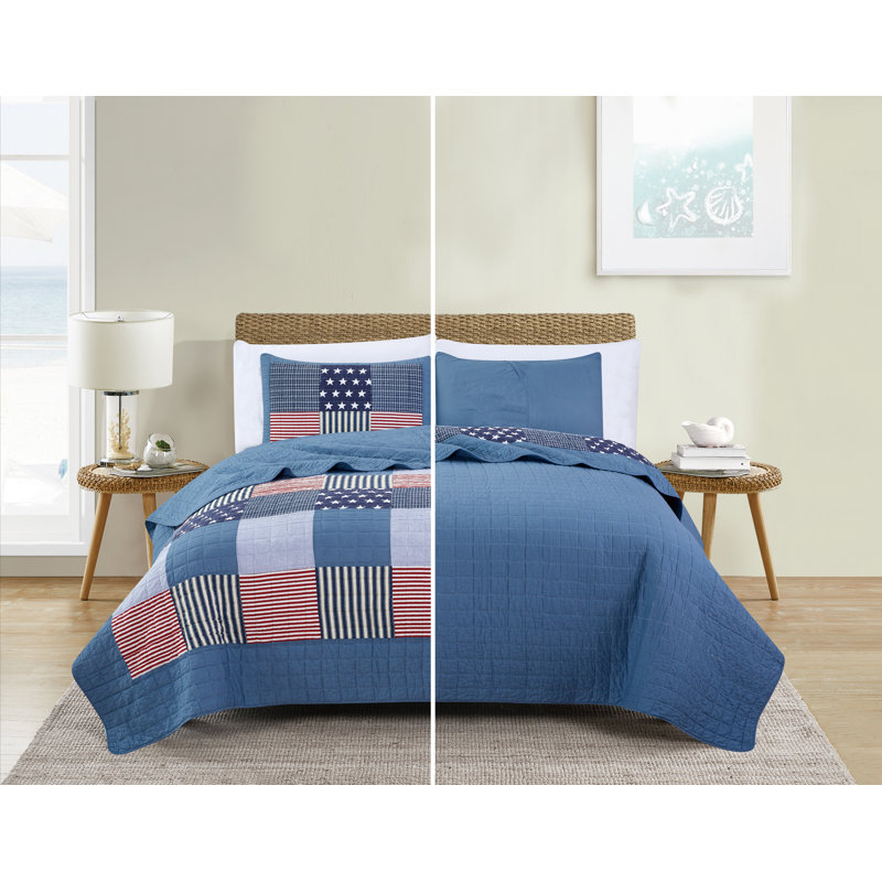 Ensemble de courtepointe réversible American Cotton, Courtepointe grande + 2 taies décoratives
