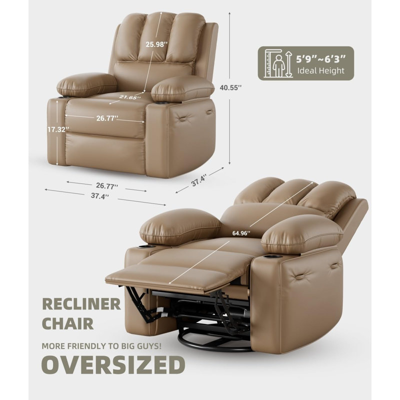37.4" Oversized Recliner Chair, 360° Rocker Swivel Recliner With Heat And Massage, Tan, Manual - Handle / Lever