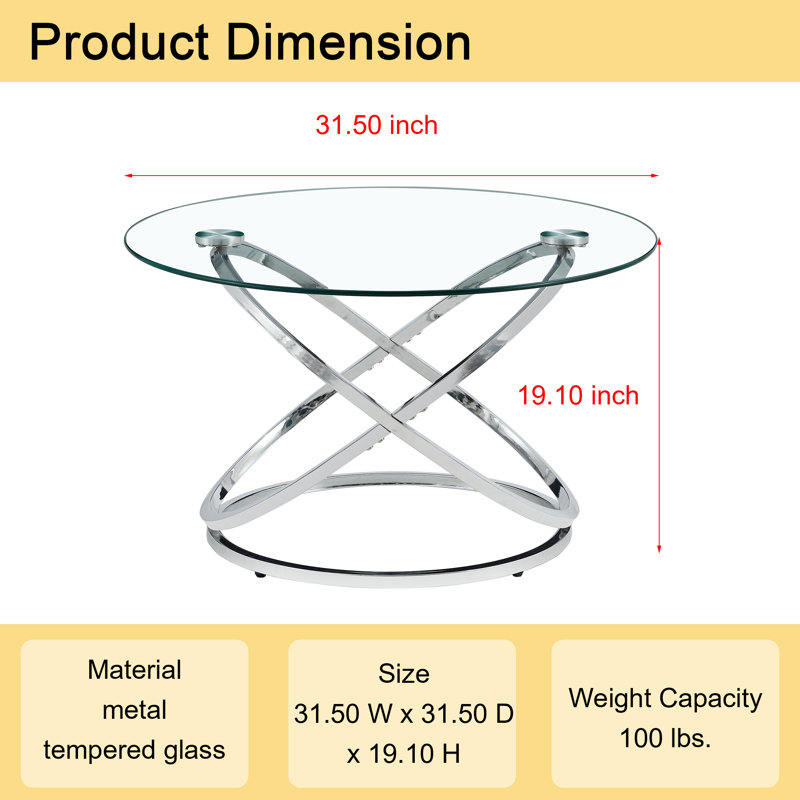 Ahriana Round Coffee Tables with Metal Frame and Tempered Glass Top Center Table, 19.1" H x 31.5" L x 31.5" W