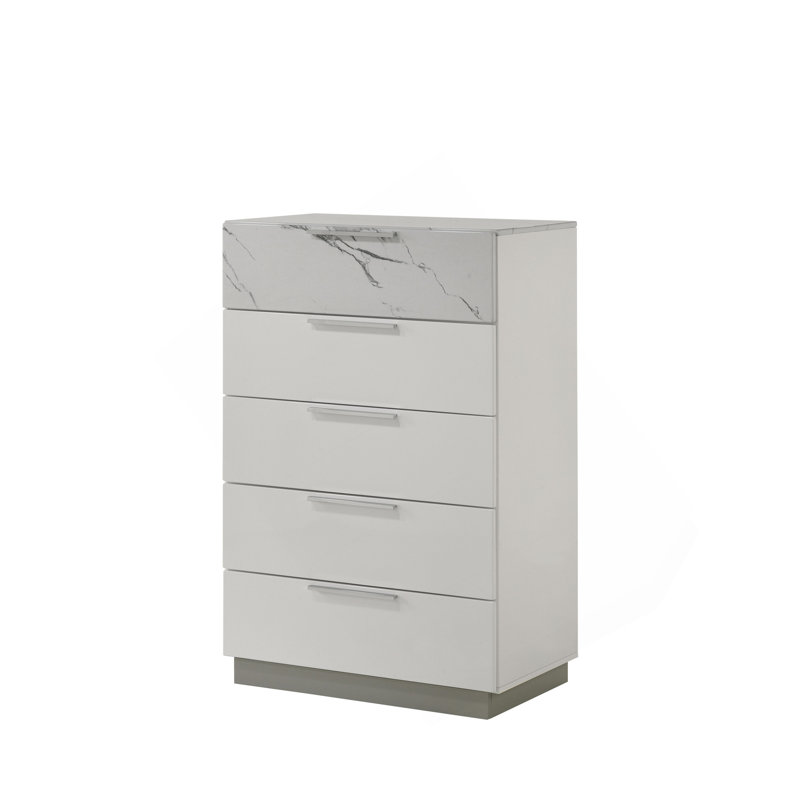 Commode blanche brume - Finition bicolore très brillante en marbre et laque avec cinq tiroirs à glissement lisse, tiroir supérieur doublé de velours