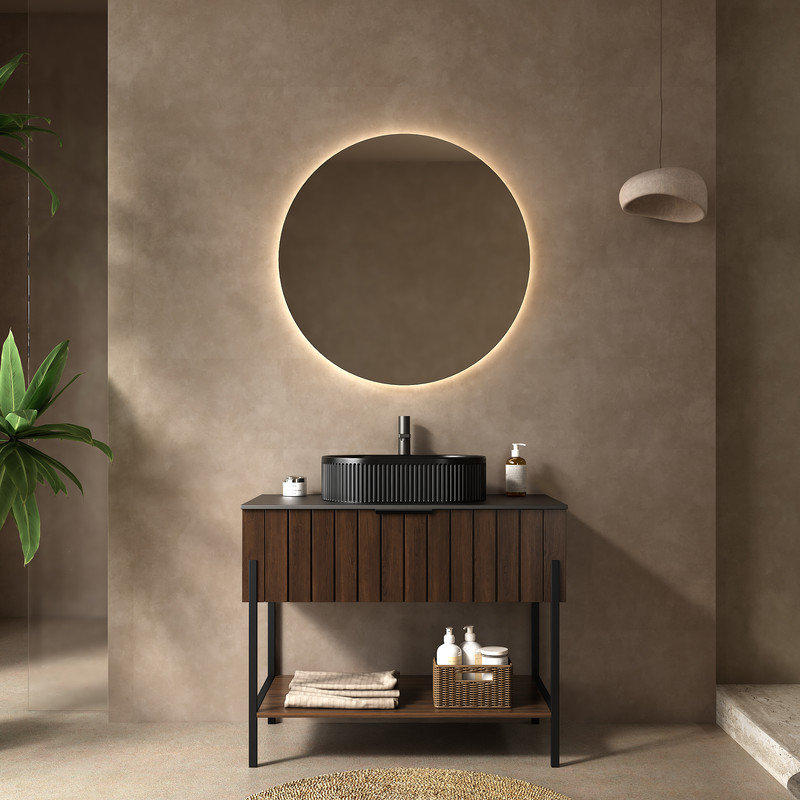 Meuble-lavabo 36 po avec lavabo en céramique noir, meuble-lavabo avec tiroir et structure de support en métal