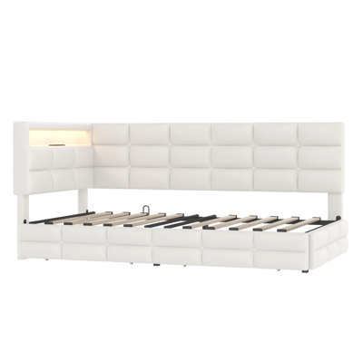 Upholstered Twin Size Daybed with Storage 2 Drawers and Charging Station, Day Bed Frame with LED Lights and Storage Headboard, No Box-Spring Needed