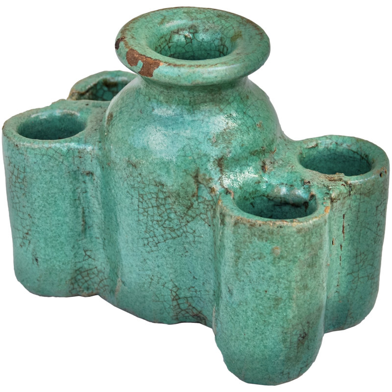 Antique Handcrafted Moroccan Green Ceramic Inkwell & Catchall