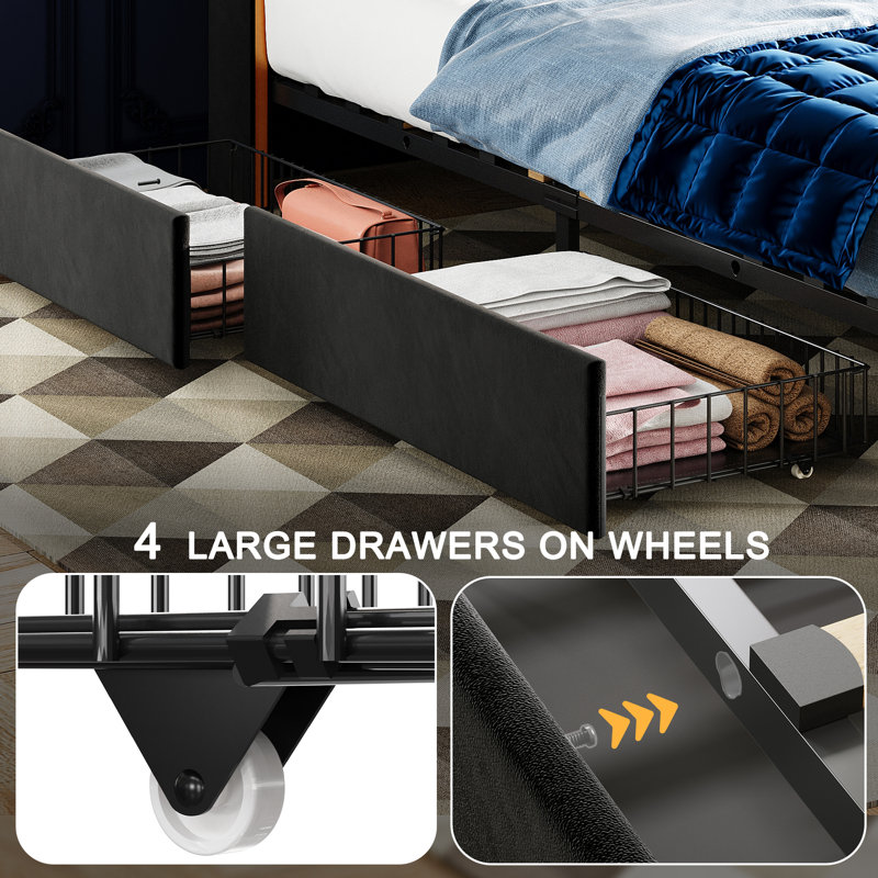 Torilyn Bed Frame with Upholstered Storage Headboard and Charging Station, 4 Drawers