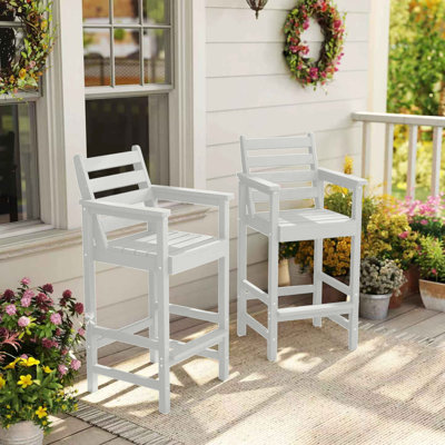 Set of 2 Weatherproof HDPE Adirondack Bar Stools with Footrest - White