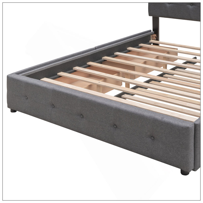 Lit plateforme tapissier avec tête de lit classique et 4 tiroirs, aucun sommier nécessaire, tissu en lin, grand, Gris foncé