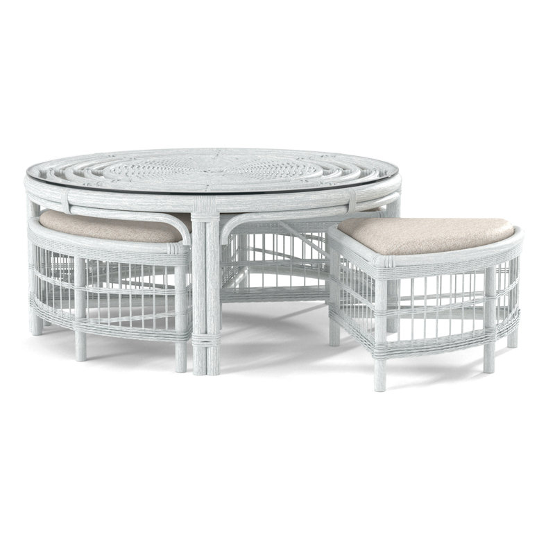 Raffles Rattan Cocktail Table with Benches, Frost White, Blue Buffalo Check; 0120-61