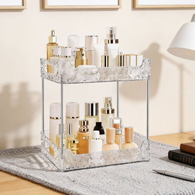 Organisateur de comptoir de salle de bain à 2 niveaux avec plateaux en céramique et cadre en acier inoxydable pour le rangement des parfums de maquillage
