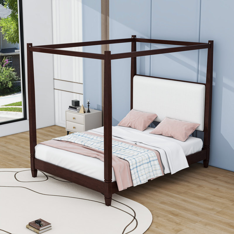 Lit plateforme à baldaquin en bois avec tête de lit tapissier, Grand lit, Espresso