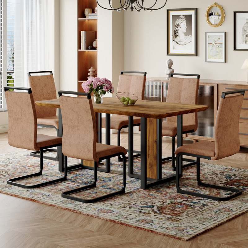 Table de salle à manger en bois MDF texturé "x 36" avec 6 chaises en tissu brun, pieds en C noir, parfaits pour les cuisines et les salles à manger
