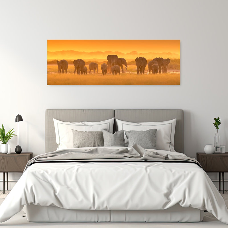 Éléphants d'Afrique, heure dorée, paisible, calme, éléphant, nature, coucher de soleil, art mural, H 20 po x l 60 po