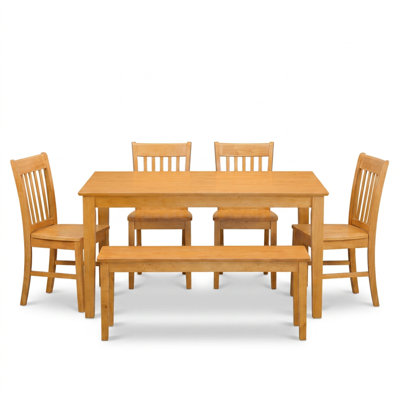 Oak Finish Asian Wood Rectangular 5 Piece Kitchen Table Set With 2 Chairs And 2 Benches