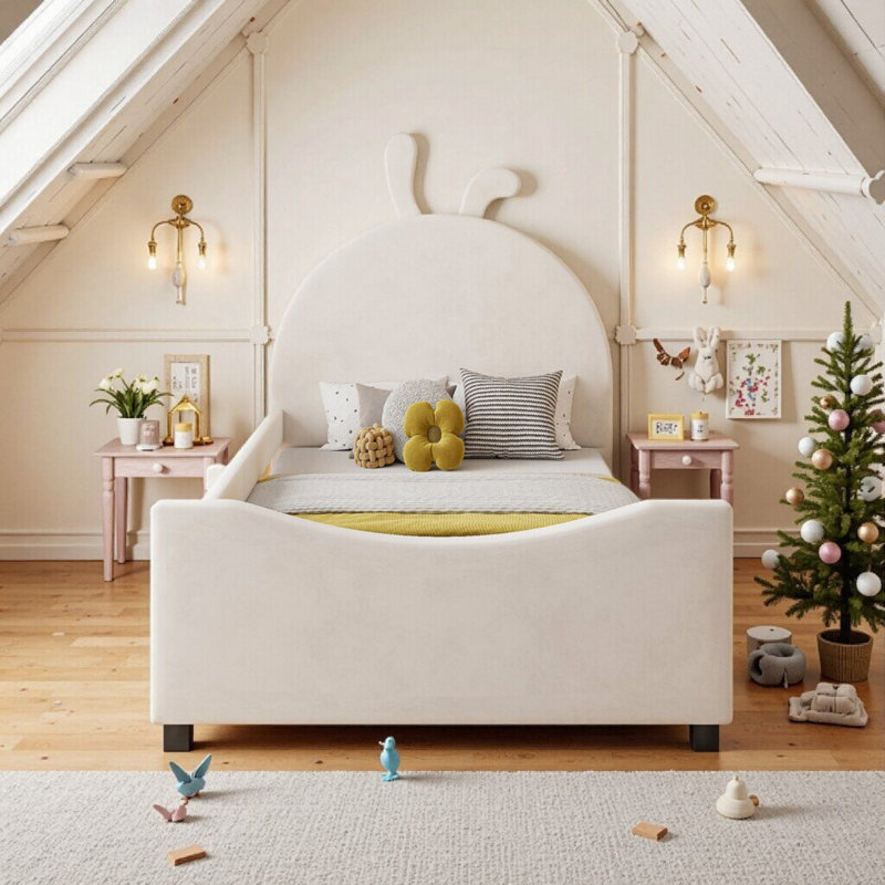 Lit de jour simple rembourré avec tête de lit à oreilles de lapin, structure en bois robuste, capacité de 250 lb, Beige