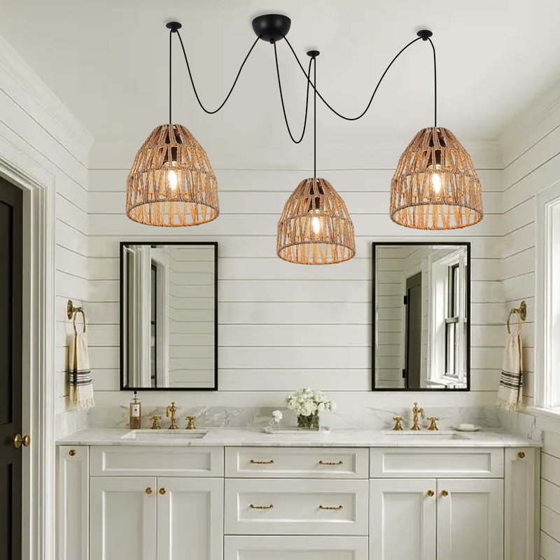 3 Packs Rope Lampshade Pendant Light For Kitchen Island, Modern Wicker Ceiling Hanging Lamp