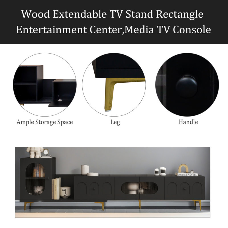 Meuble télé rectangulaire en bois avec meuble télé extensible, console télé média pour la chambre à coucher du salon, Noir