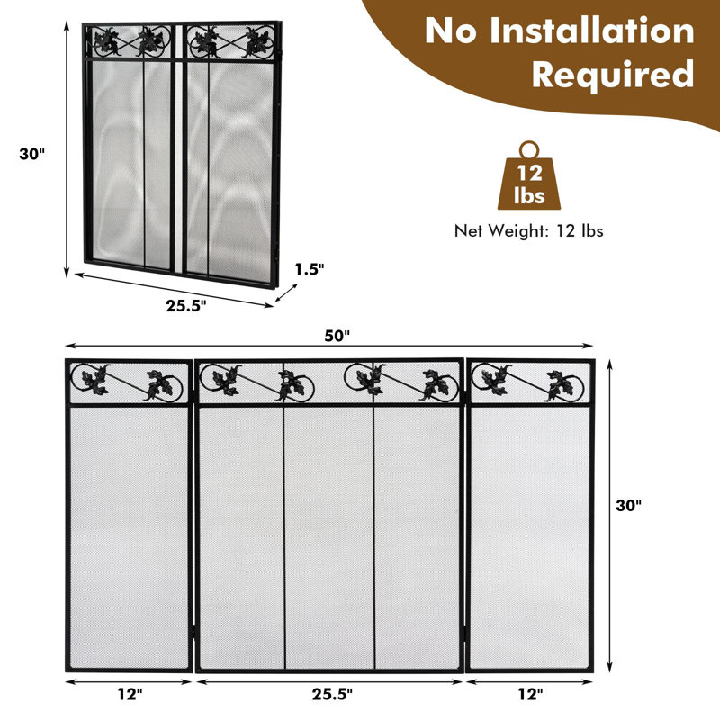 Raziel 3 Panel Metal Fireplace Screen