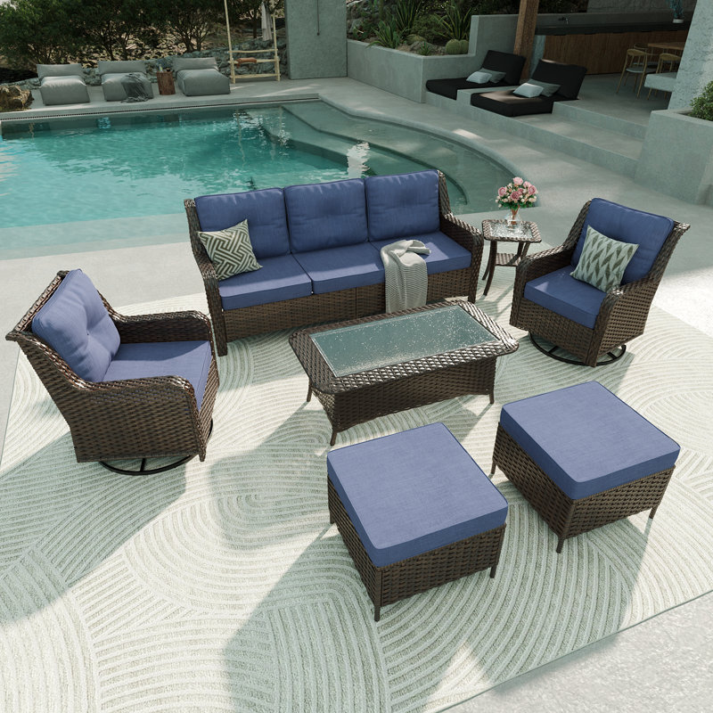 7-Piece All-Weather Wicker Patio Conversation Set With Swivel Chairs & Glass Coffee Table, Navy