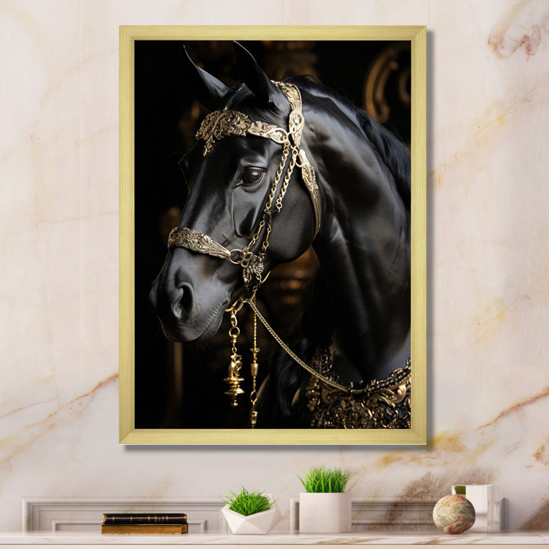 «Black Gold Horse», reproduction sur toile, Encadrement doré, H 32 po x l 16 po x P 1 po