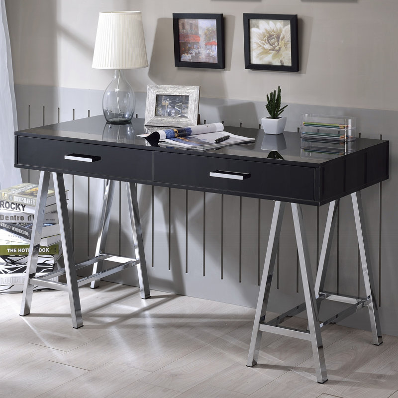 Bureau d'écriture noir à 2 tiroirs noir brillant