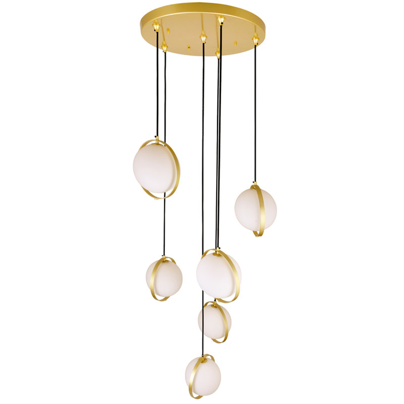 26'' 6-Light Multi Light Pendant with Brass Finish For Stairwell, Entryway, Kitchen – G9 LED Compatible – Frosted Globe Cluster, Contemporary Statement Fixture
