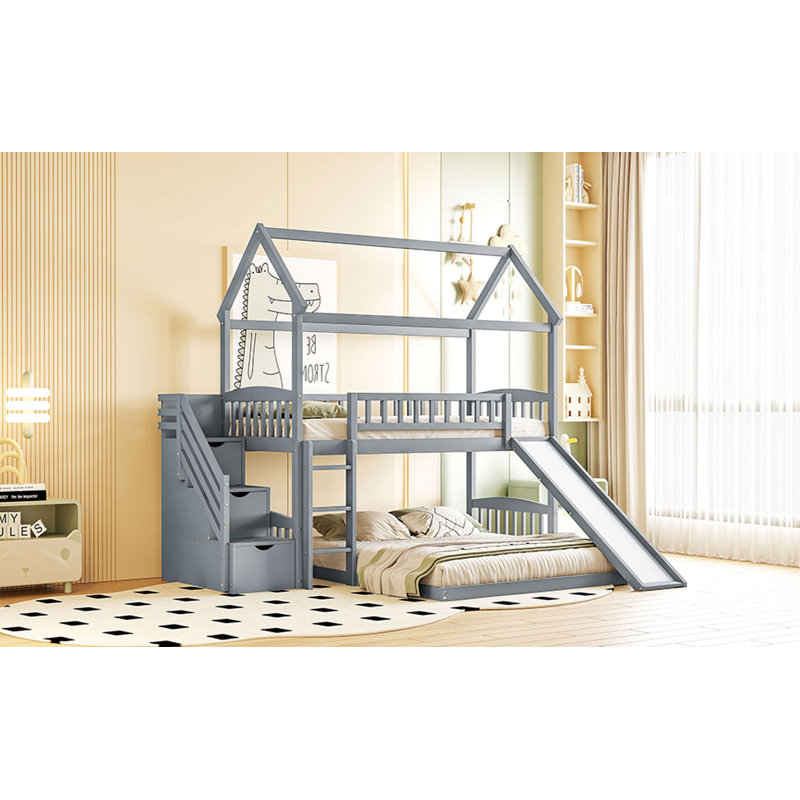 Lit simple superposé au dessus d'un lit double avec glissade, lit maison avec glissade, Gris
