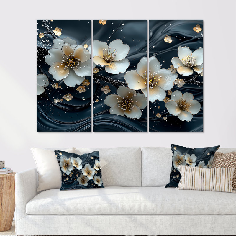 Ensemble de salon art mural blanc et blanc Blooming Marble Flowers River IV - Poppies, Toile tendue